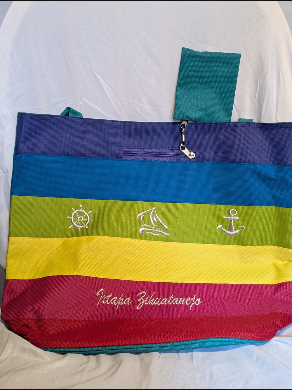 Striped Multicolor Beach Tote Bag - Teal, Blue, Green, Yellow, Pink